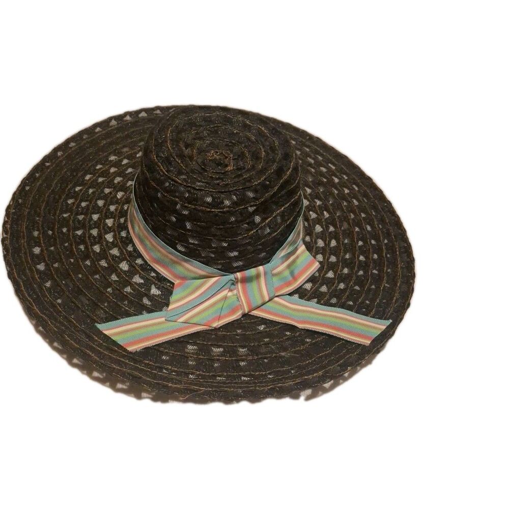 Black, Woven Wide Brim Sun Hat featuring a striped, multicolored ribbon tied